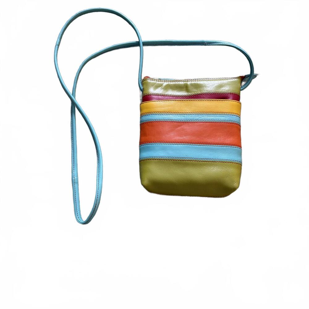 ILI New York Striped 100% Leather Crossbody Bag. Outside pocket adjustable Strap